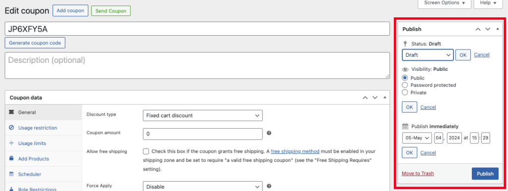 Publish section of the coupon editing page in WordPress 